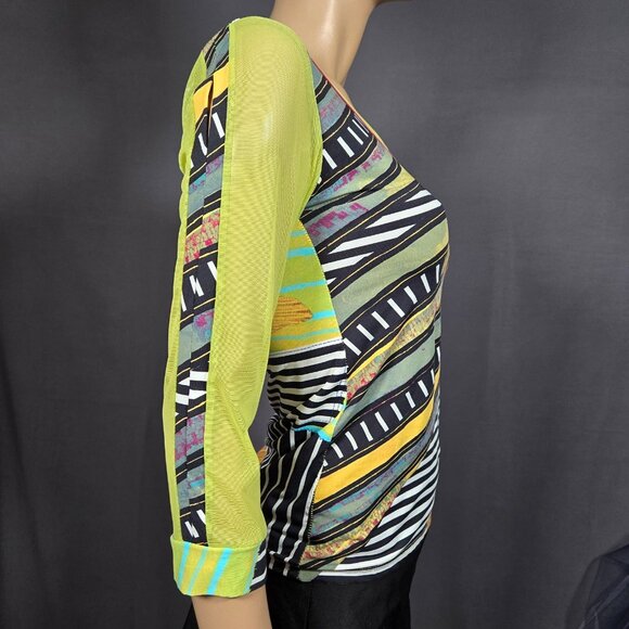 Vintage Save The Queen Top blouse size L Abstract Print Mesh Sleeves Stretch - Picture 10 of 13